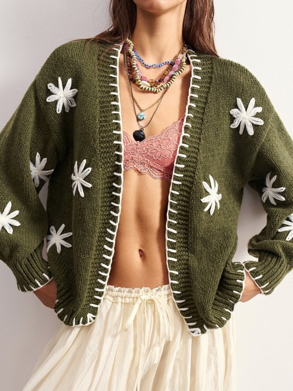 Green Casual Women's Floral Embroidered Pattern Cardigan - Picture 9 of 9